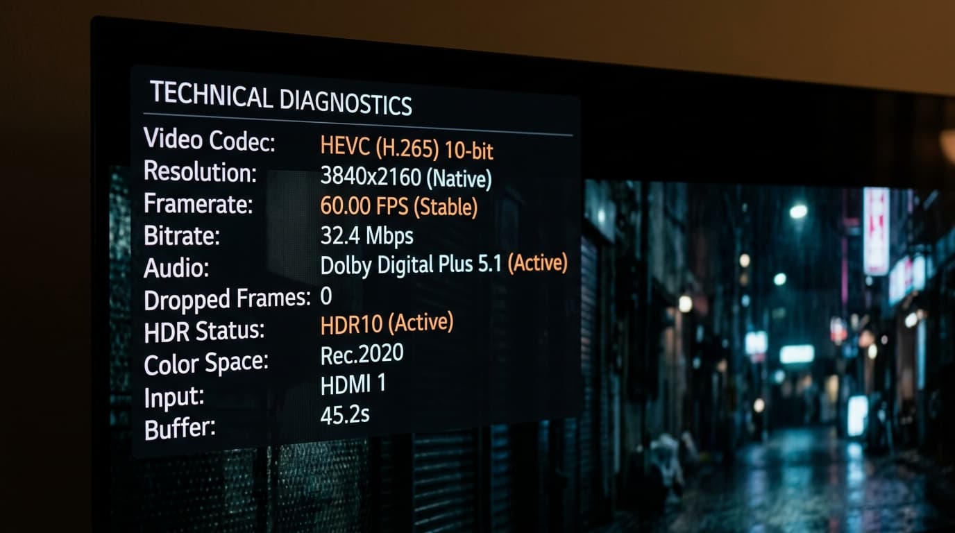 Video diagnostics overlay displaying 3840x2160 resolution HEVC codec and 28.4 Mbps bitrate for 4K IPTV stream