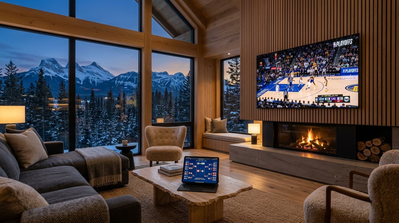Modern timber cabin lounge with an OLED television streaming live tournament basketball and a tablet displaying synchronized stats