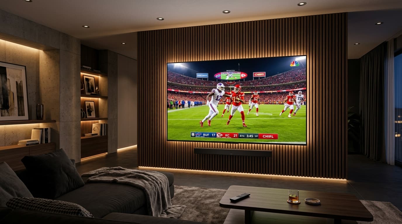 Home theater media console with a high-end soundbar and 4K display streaming a primetime American football broadcast