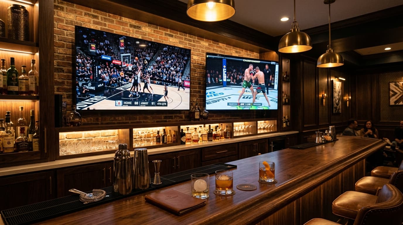 Basement home bar with exposed brick and warm pendant lighting featuring two synchronized screens streaming live basketball and combat sports