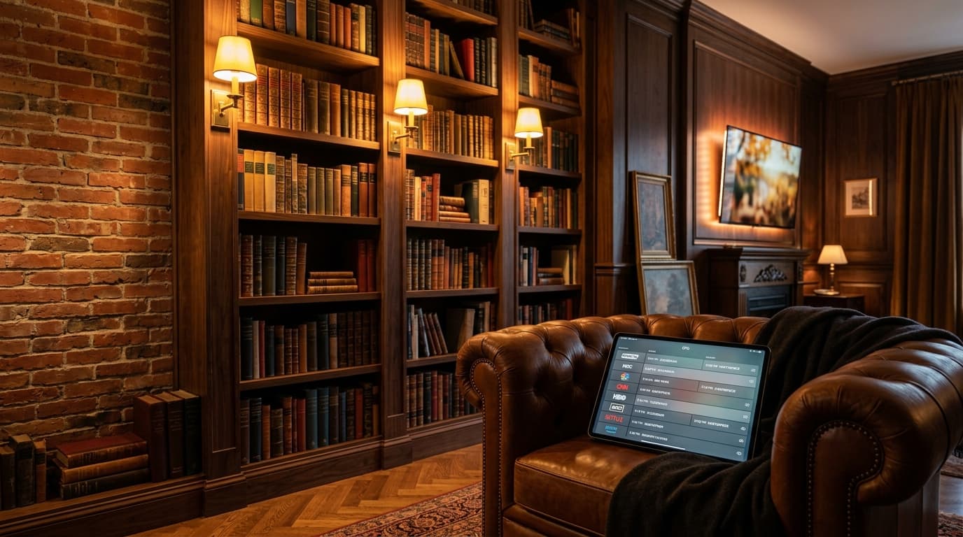 iPad Pro displaying an American live TV channel guide in an evening Boston brownstone library room