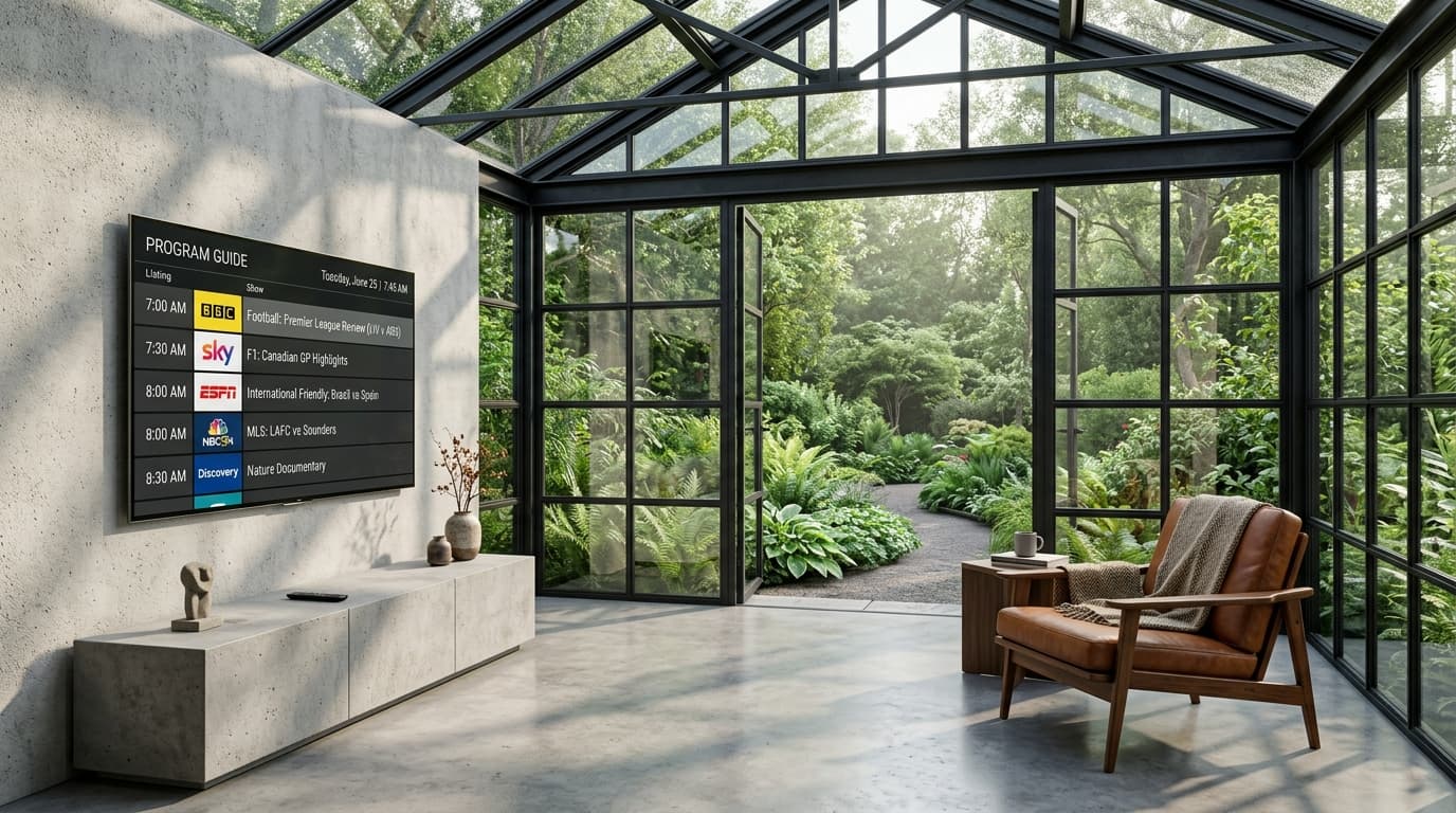 Ultra-slim 75-inch TV mounted in an architectural sunroom lounge displaying an electronic program guide for a premium IPTV subscription