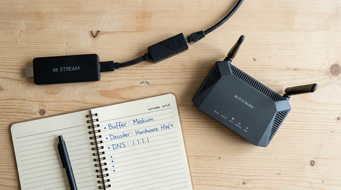 Flat lay view of a 4K streaming stick, Ethernet adapter, and setup notes for optimizing low-cost IPTV playback