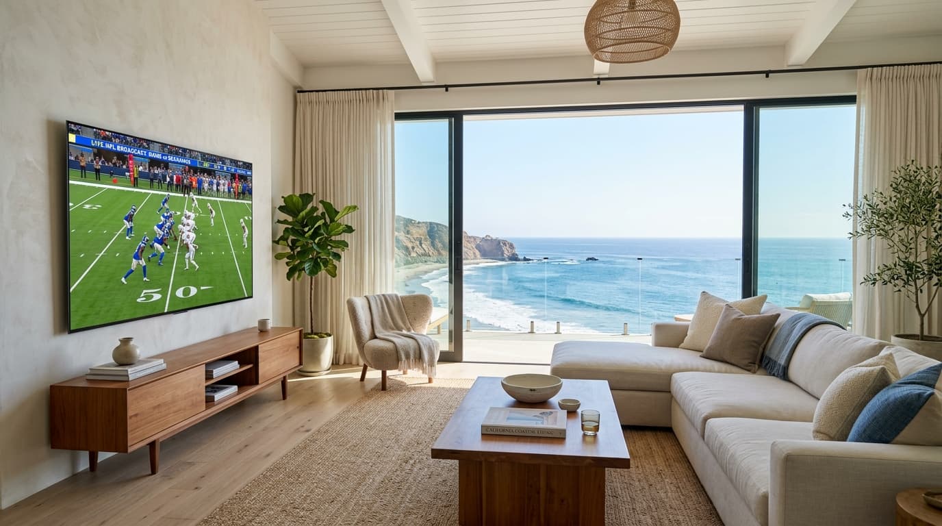 Large 85-inch television streaming live American football in a sunlit coastal California living room