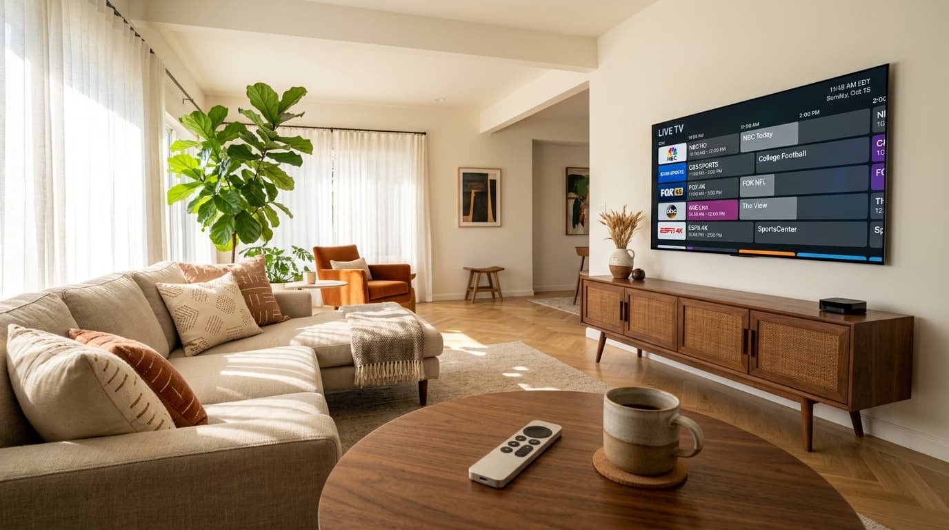 A wall-mounted OLED TV displaying a customized US television electronic program guide in a sunlit modern California living room.