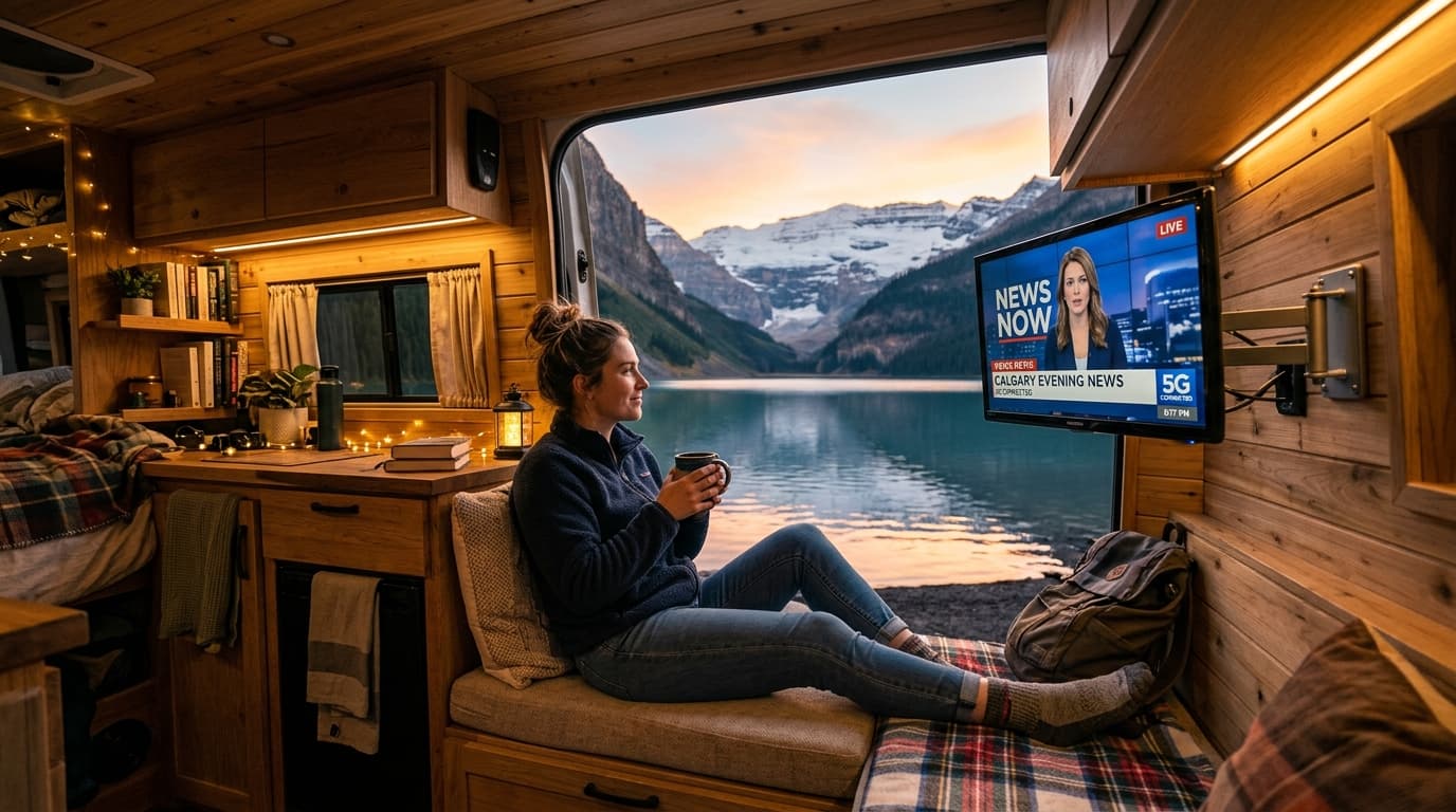 Cozy campervan interior during golden hour featuring a swivel-mounted smart TV streaming live channels over portable Wi-Fi