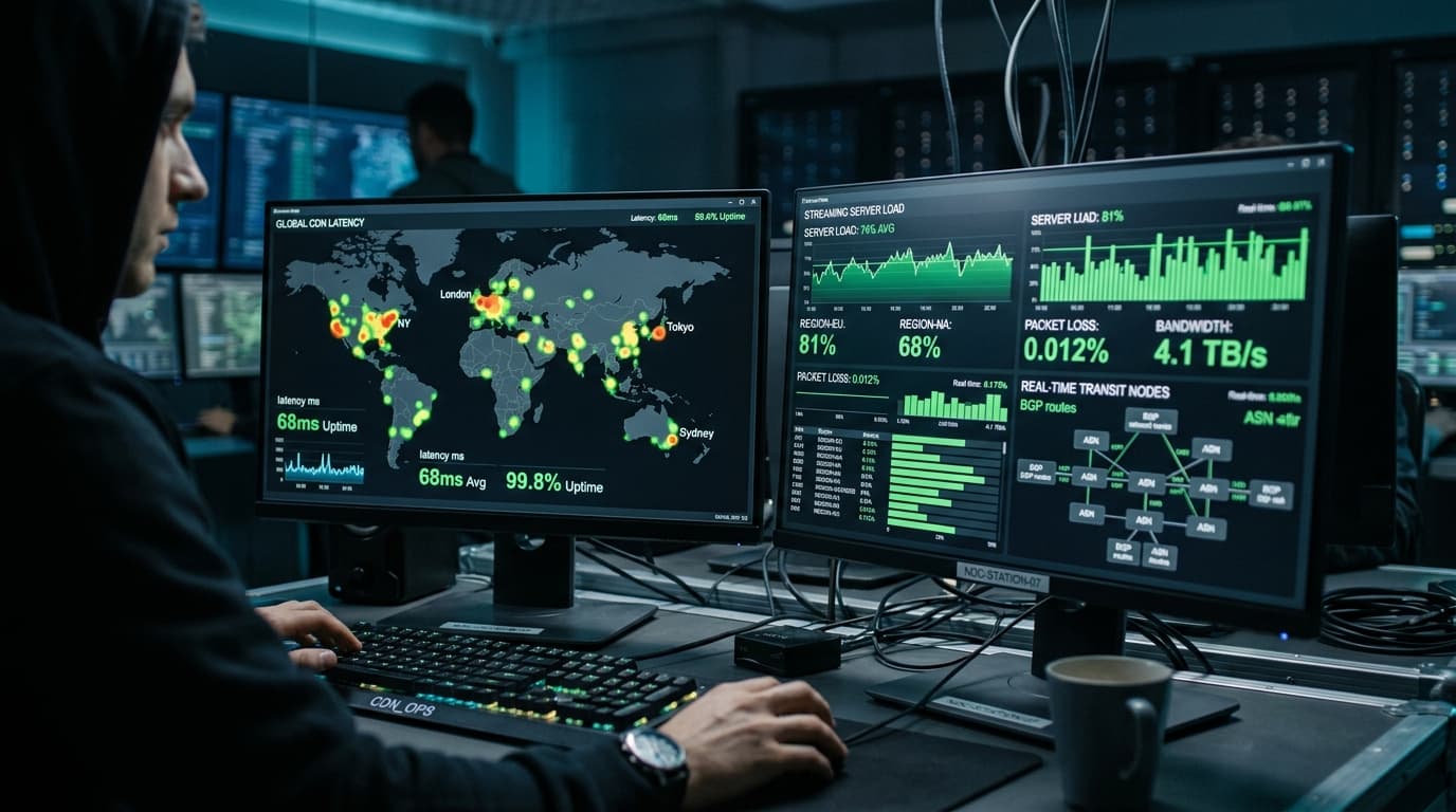 Network operations monitor displaying real-time global CDN latency heatmap and packet loss diagnostics for live IPTV streaming