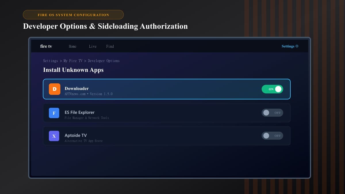 Fire OS system settings menu displayed on a wall-mounted TV in a bright contemporary living room