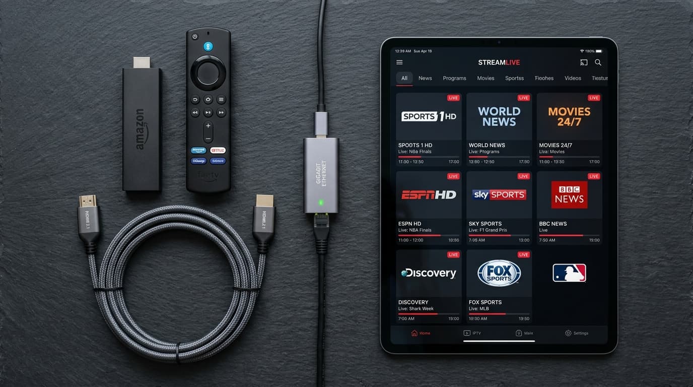 Flat-lay tech arrangement of a 4K streaming stick, braided HDMI cable, Ethernet adapter, and tablet with an IPTV channel playlist