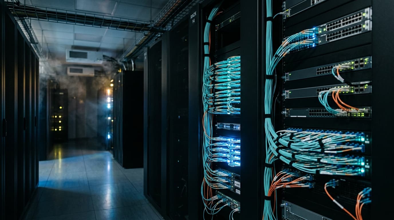 Enterprise tier-3 datacenter server rack corridor with fiber optic cabling and low-latency network telemetry