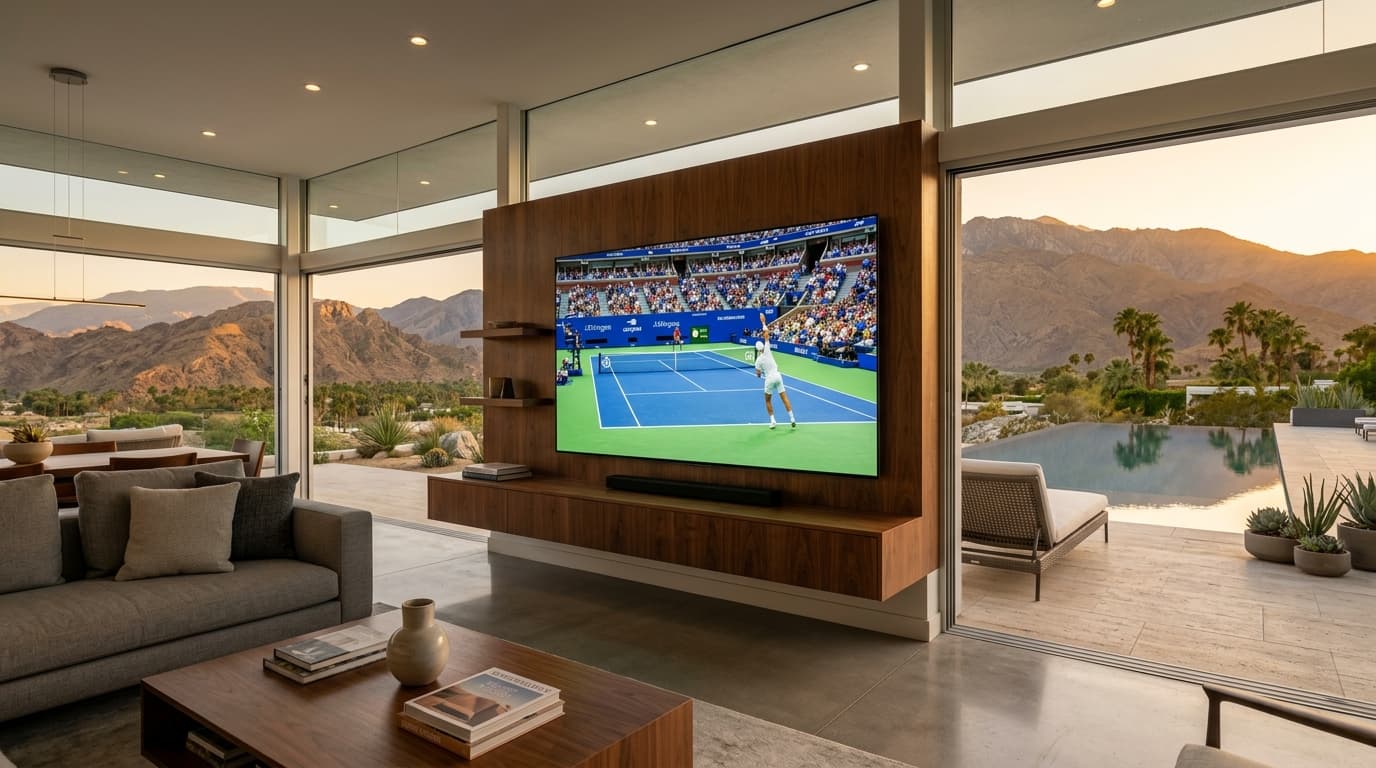Modern desert glass villa in Palm Springs with a cantilevered media wall and 98-inch display streaming a live 4K tennis match at sunset