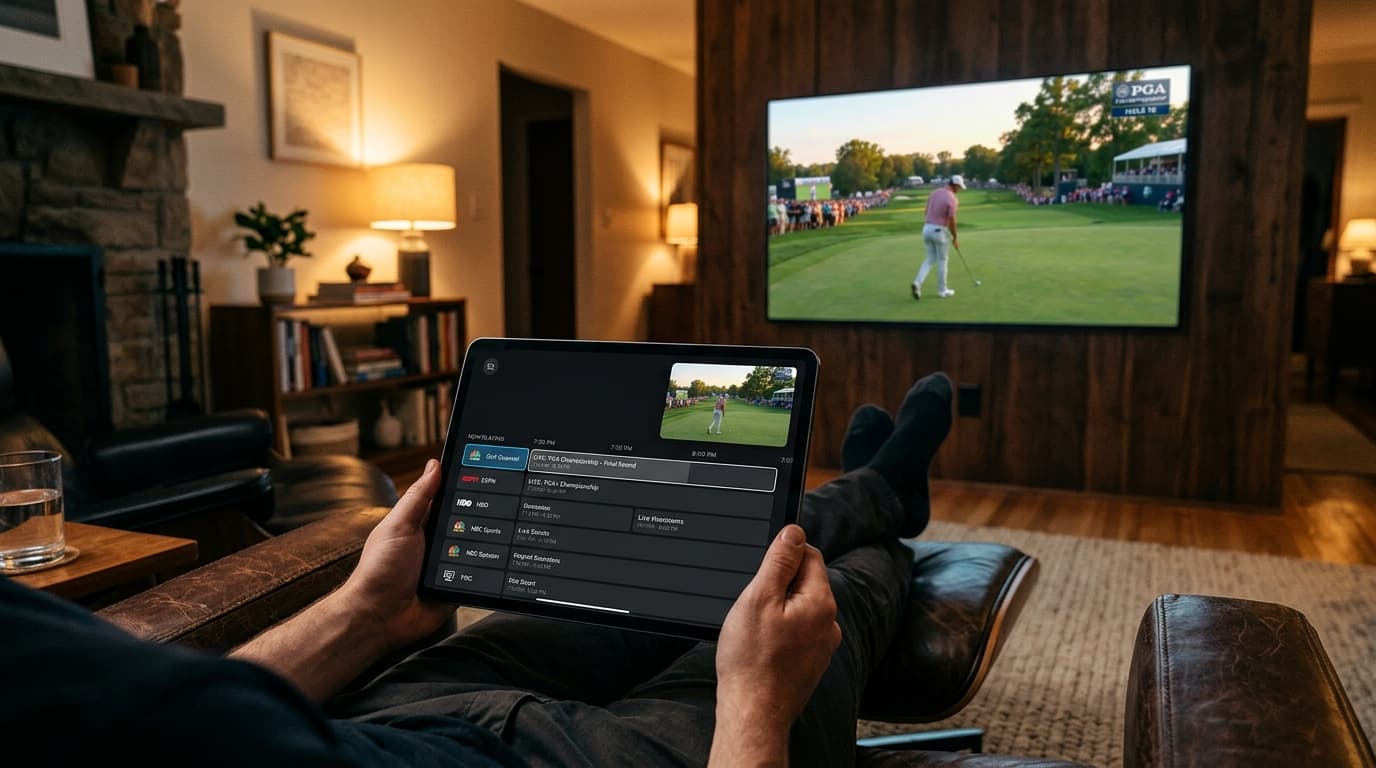 Handheld iPad Pro streaming synchronized live sports in picture in picture mode with an ambient television in the background