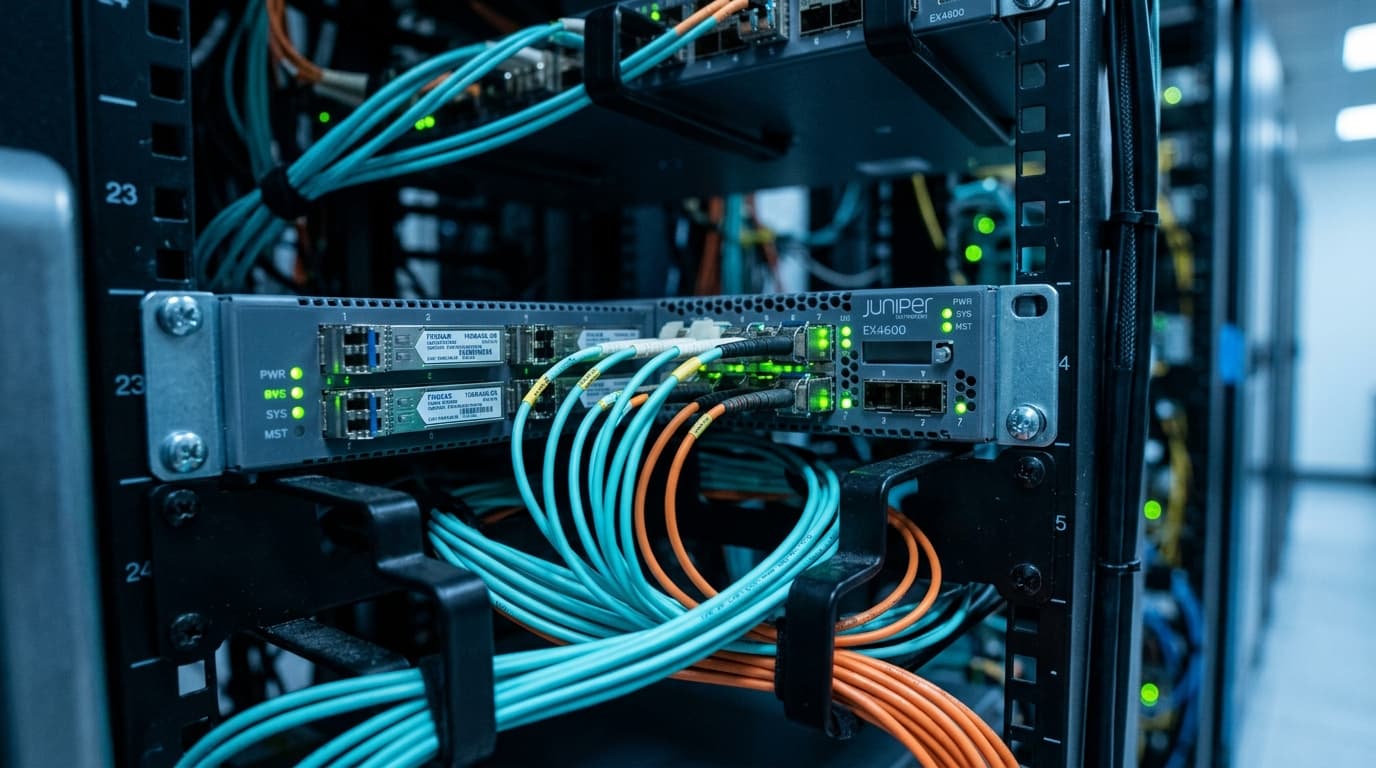 High-speed fiber optic switchboard with illuminated network cables powering low-latency multi-CDN IPTV streaming architecture
