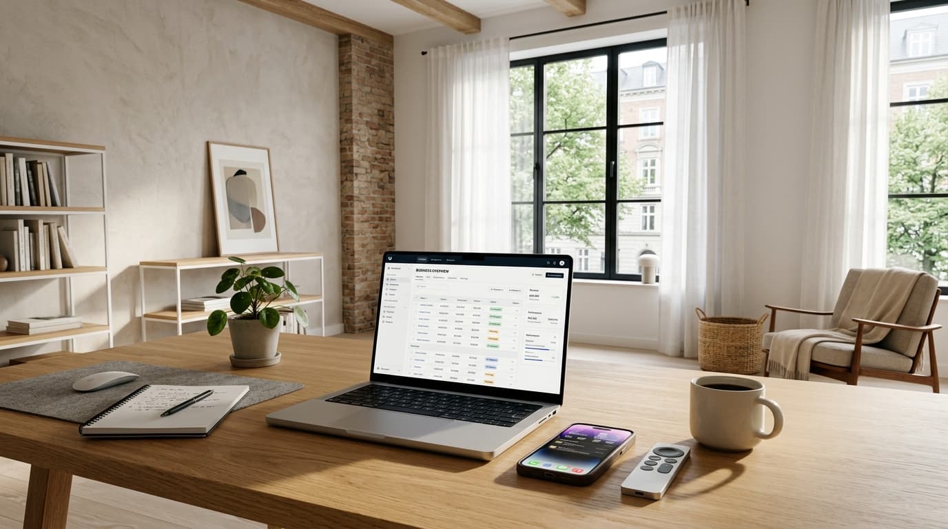 Clean Scandinavian desk setup with laptop displaying subscriber management table and white-label branding workflow