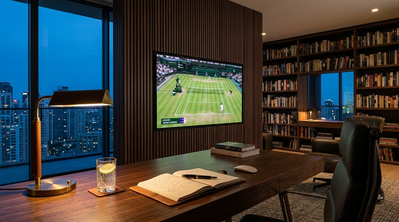 Modern executive study with walnut wood paneling and a recessed wall screen streaming live 4K championship tennis via IPTV