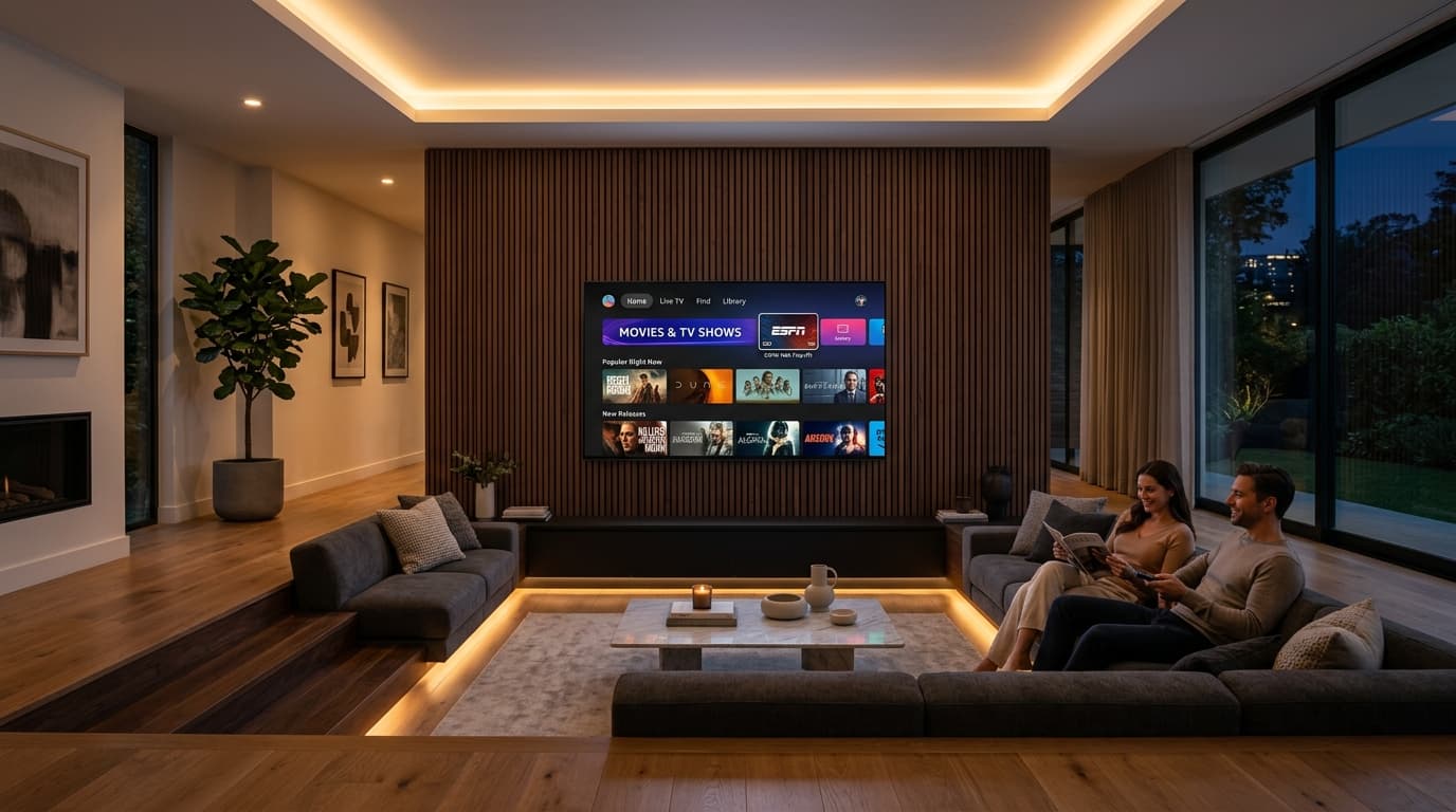 Amazon Fire TV Stick connected to a 4K television displaying a side-by-side comparison of IPTV player apps including TiviMate, IPTV Smarters Pro, and XCIPTV in a living room