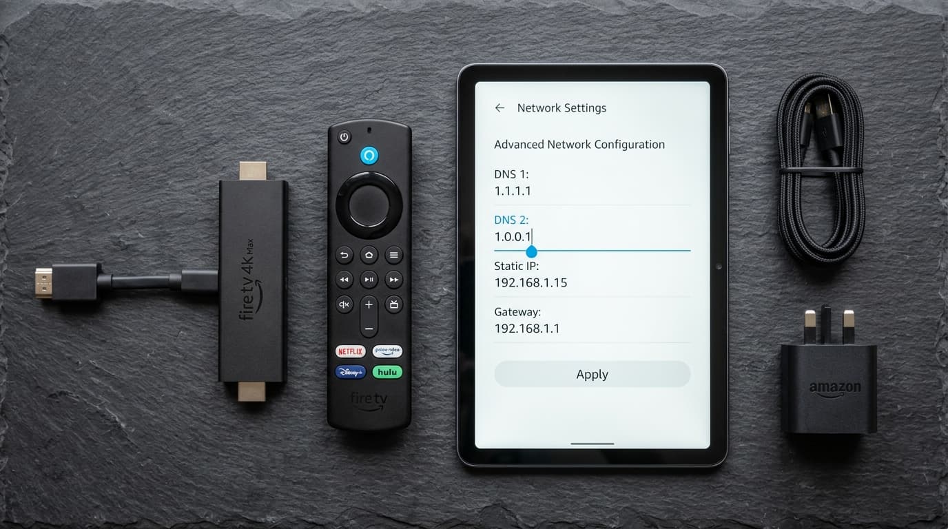 Amazon Fire TV Stick hardware flatlay next to a tablet displaying network DNS settings to fix IPTV Smarters authorization