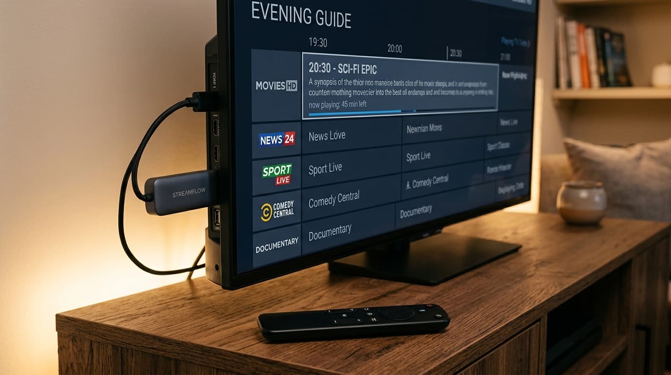 Angled view of a Fire TV Stick 4K Max connected to a television screen displaying a dark mode electronic program guide grid