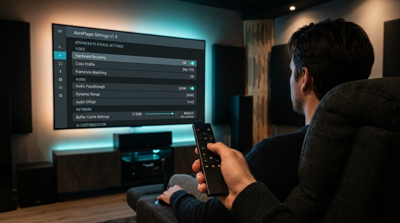 Advanced playback settings interface on Firestick showing hardware decoder acceleration and buffer caching controls for live IPTV streams