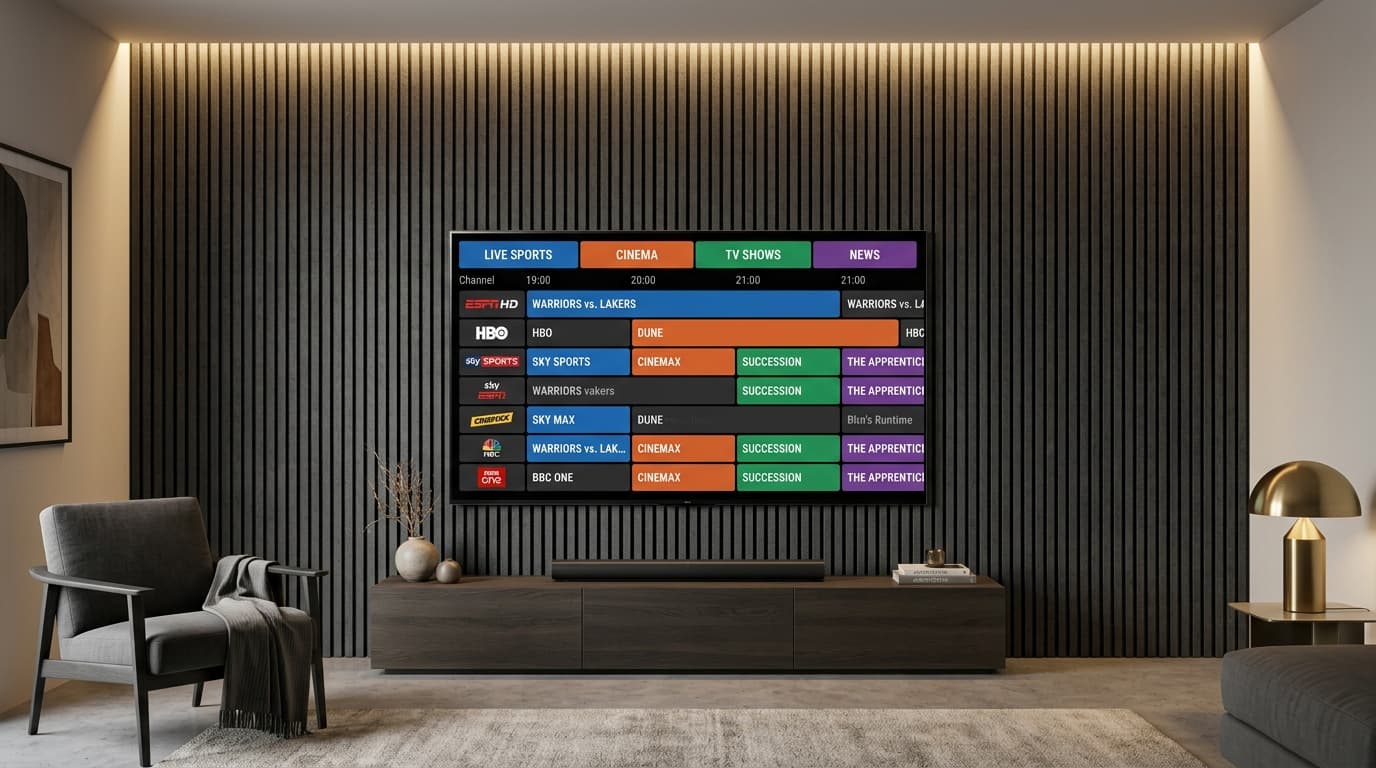 Large gallery OLED TV displaying a modern Electronic Program Guide channel timeline in an acoustic home theater room