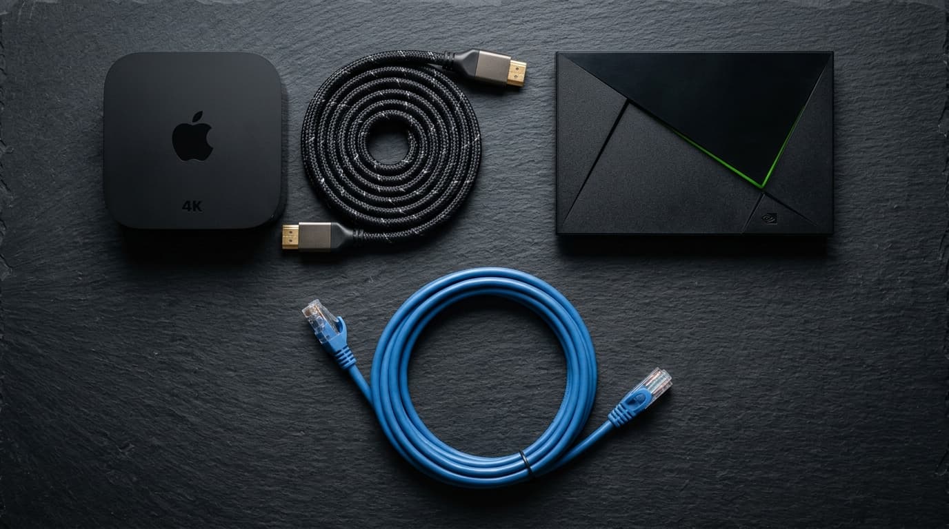 High speed HDMI 2.1 cable and shielded Cat6 Ethernet connected beside 4K streaming players on a studio desk