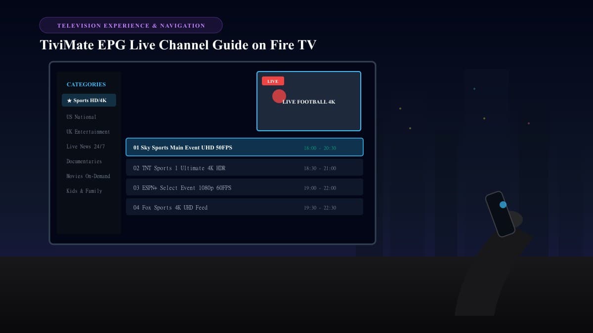 Viewer holding Fire TV remote while browsing live international television channels in an evening apartment