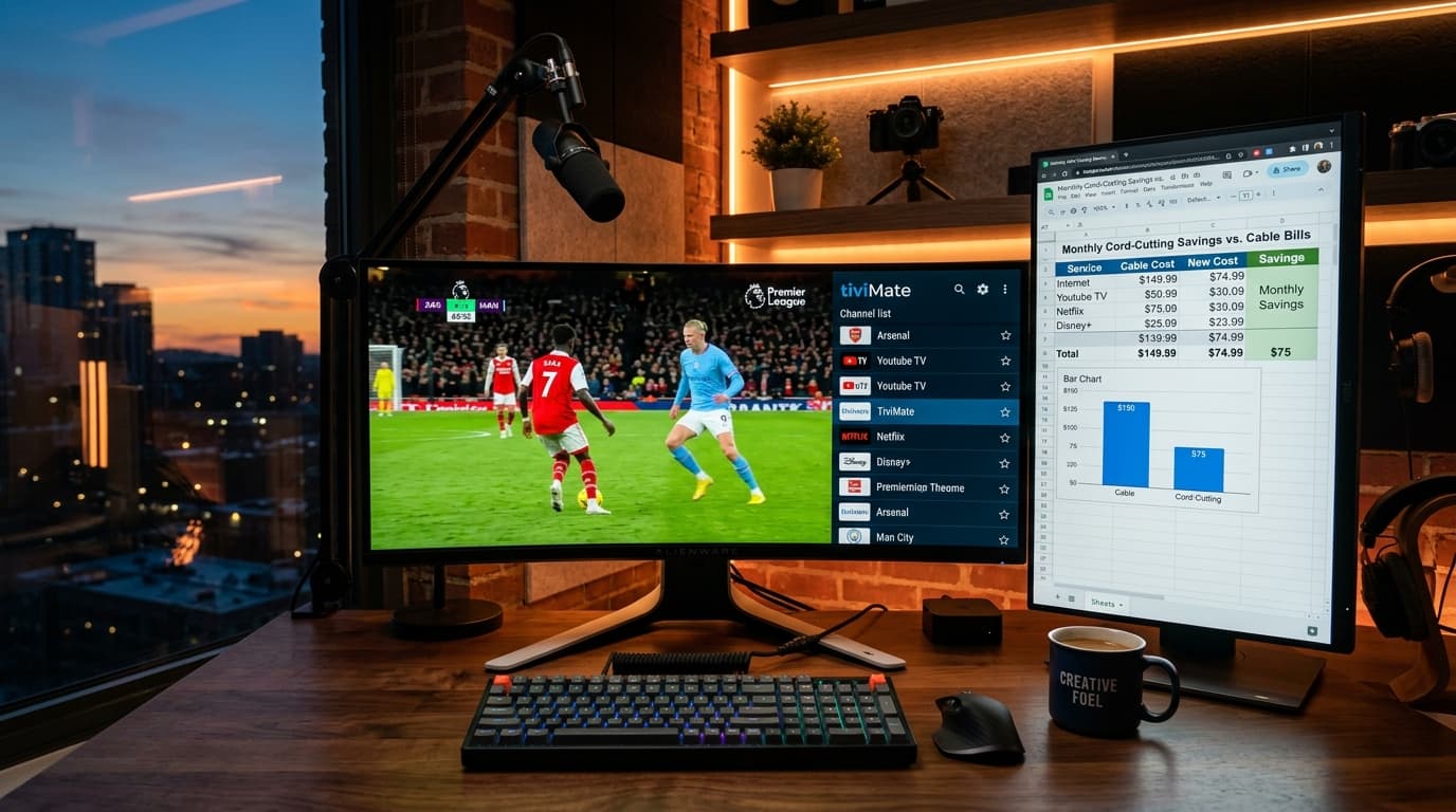 Modern home office desk with dual monitors comparing cord-cutting savings alongside a 4K live sports stream