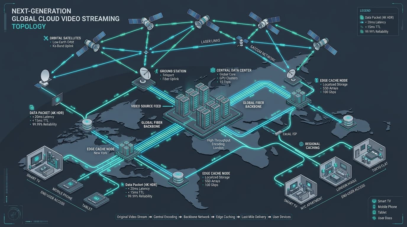 3D network architecture diagram showing 2026 multi-CDN edge routing and hardware AV1 transcoding for IPTV streaming