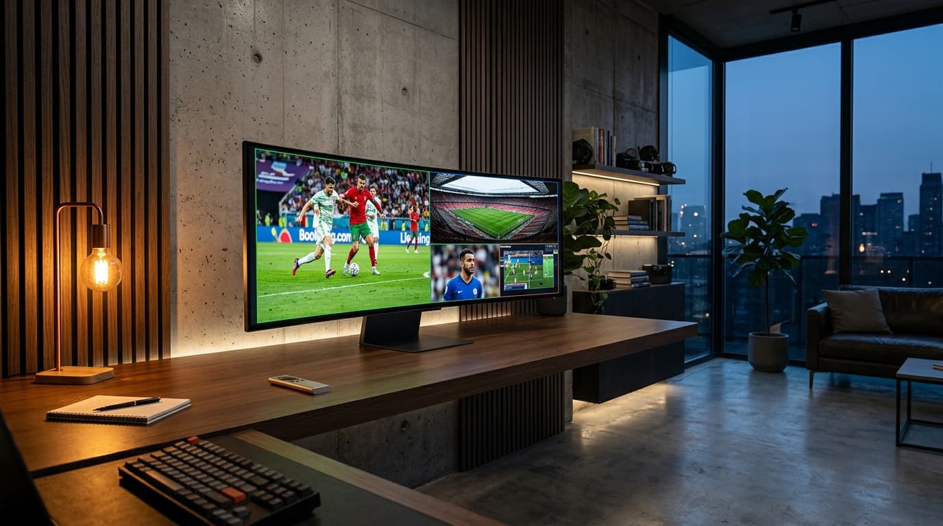 Ultrawide OLED display showing synchronized multi-view live sports broadcast in a modern industrial concrete home entertainment studio