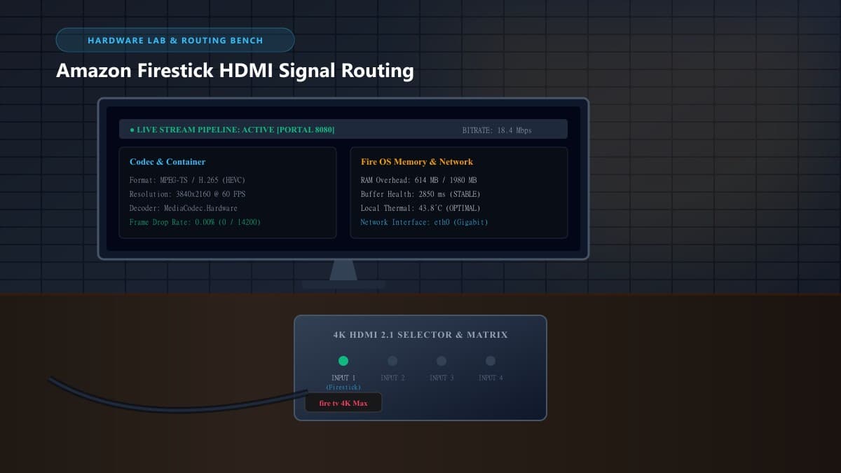 Amazon Firestick connected to an HDMI switch box on an industrial wooden desk