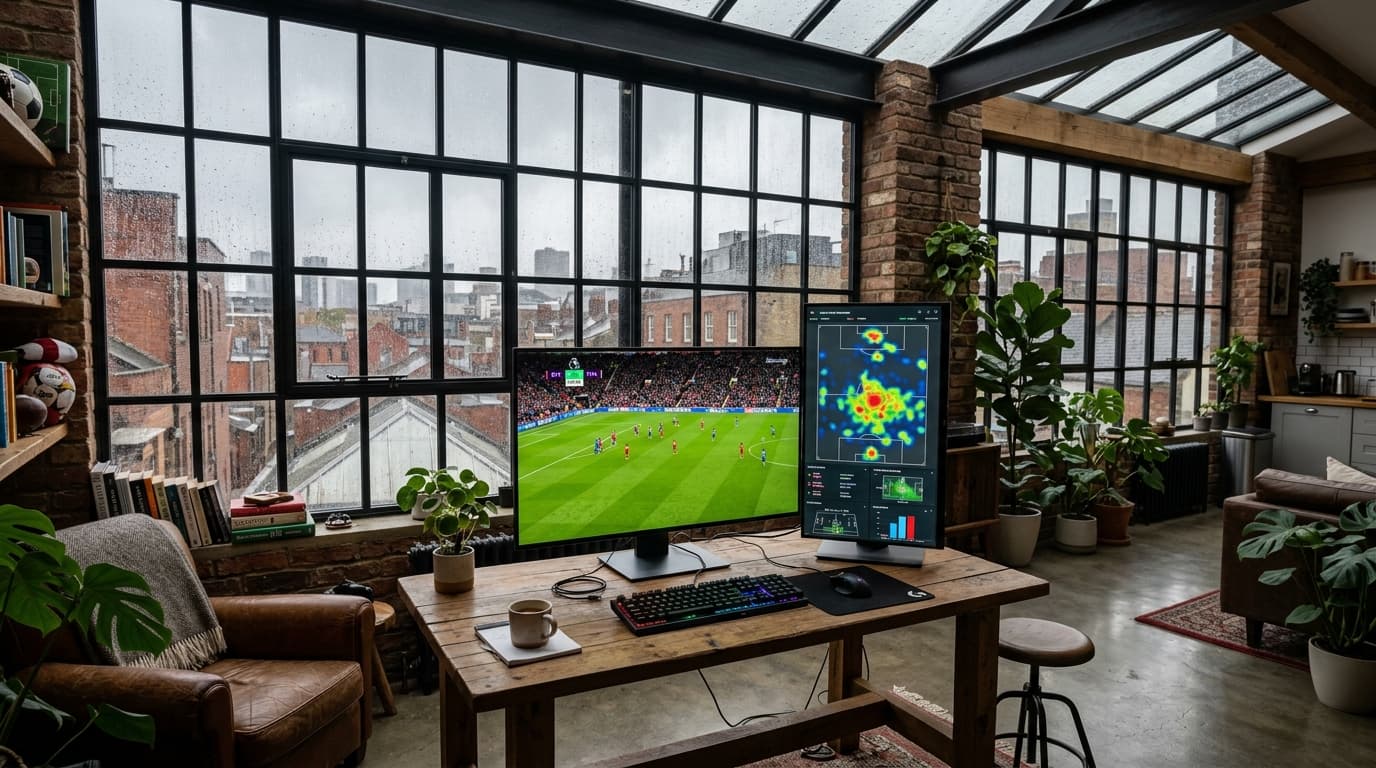 Industrial sunroom loft with an OLED monitor displaying a live soccer derby alongside a vertical monitor with tactical stats and league tables