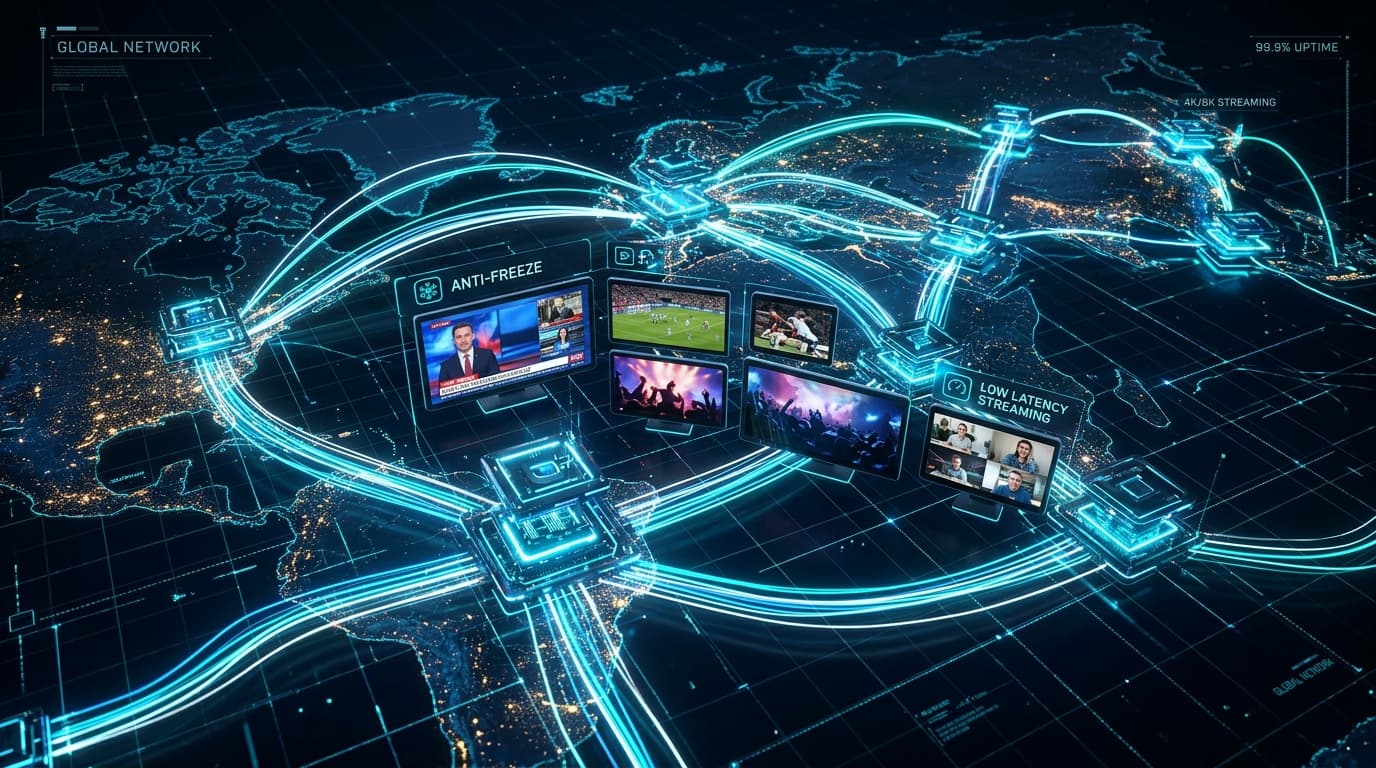 Global cloud server network and anti-freeze CDN architecture powering low-latency IPTV streaming