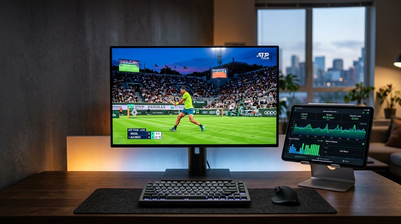 Benchmark testing setup with diagnostic latency graph and live 4K tennis broadcast on an OLED screen evaluating an IPTV free trial.