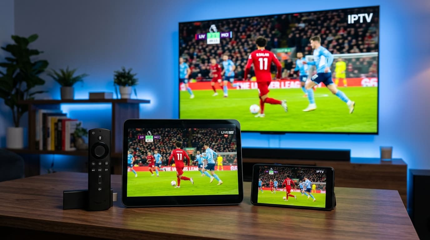Multi-device IPTV setup streaming synchronized content across Smart TV, Firestick remote, tablet, and mobile