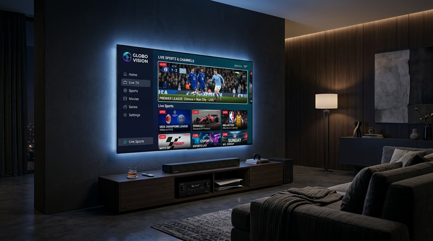 Modern 4K Smart TV displaying IPTV streaming services live channels and sports in a living room