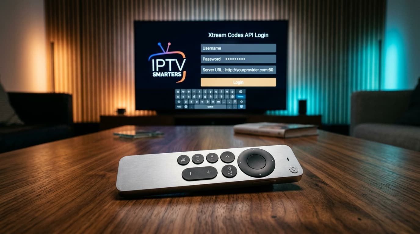 Macro shot of a streaming remote next to a smart TV displaying the IPTV Smarters Xtream Codes login interface for troubleshooting authorization errors