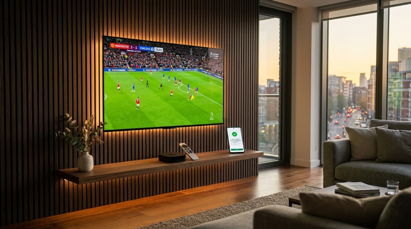 Living room entertainment setup with a 65-inch screen and streaming device evaluating an IPTV service with a free trial.