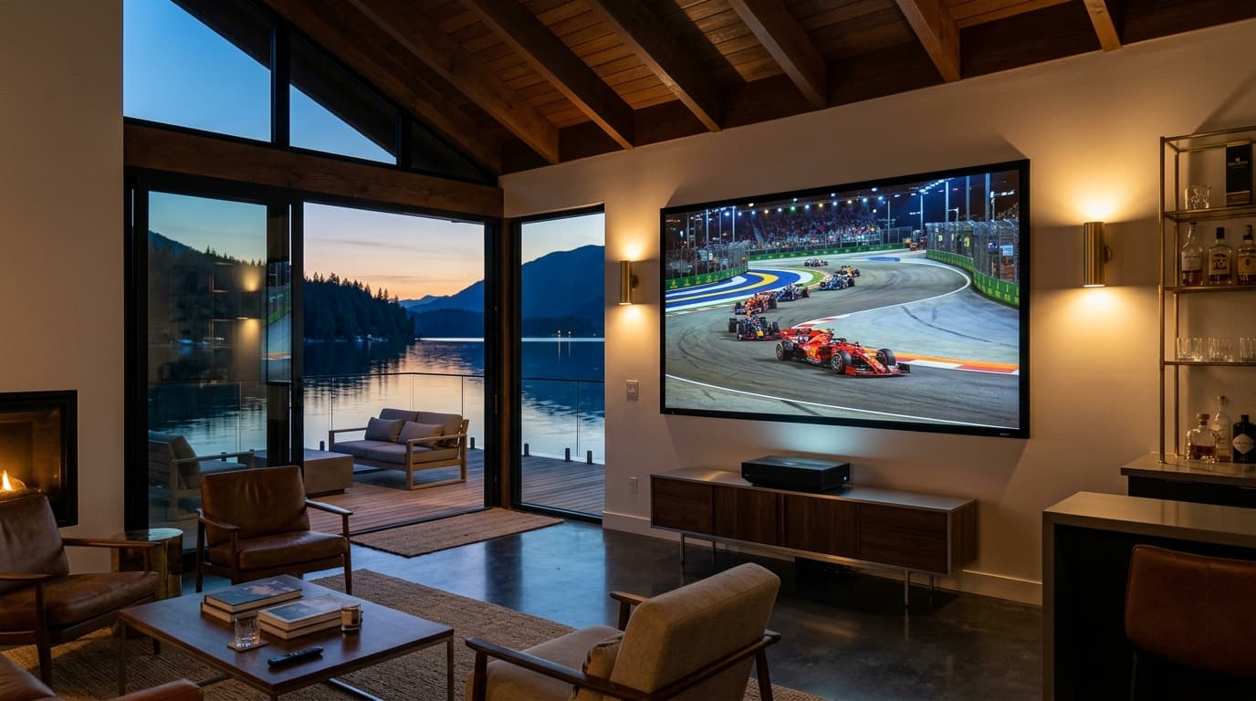 Coastal boathouse entertainment bar with a motorized projection screen displaying an international high-speed motorsport competition at twilight