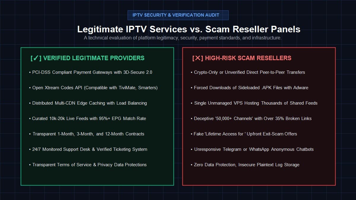 Comparison diagram illustrating verified legitimate IPTV platform criteria versus high-risk scam reseller warning signs