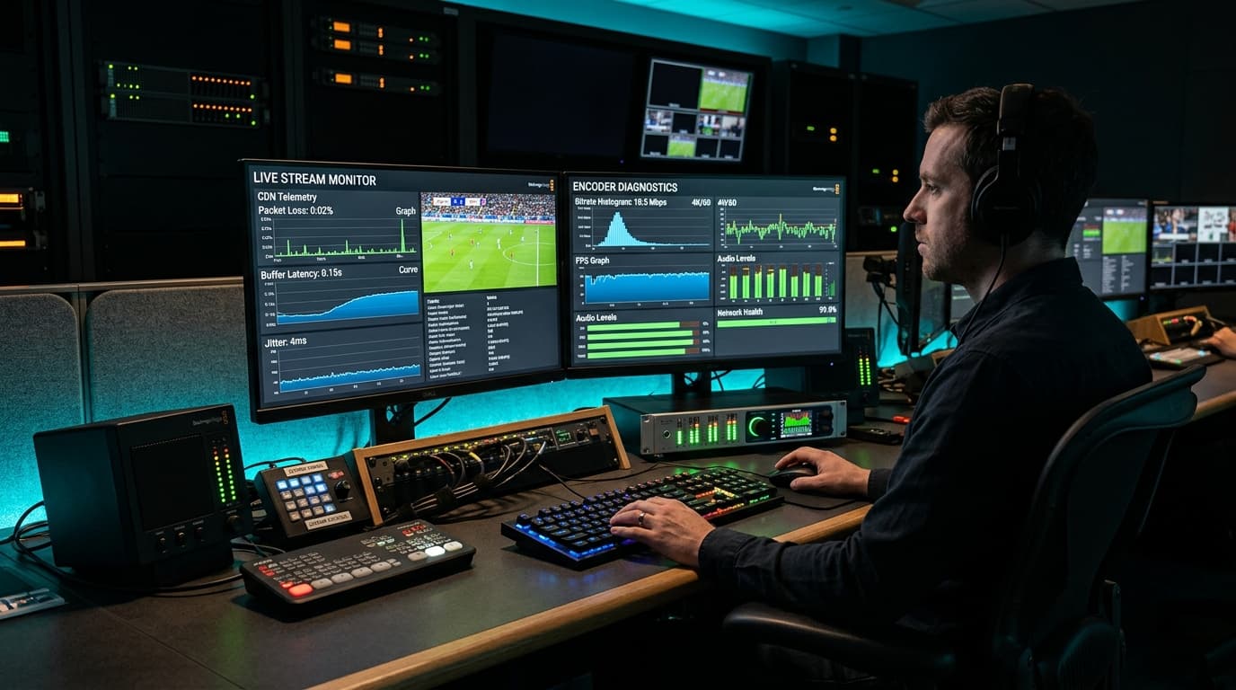 Technical streaming diagnostic monitor displaying low-latency packet telemetry and bitrate stability curves for 60FPS live sports IPTV feeds
