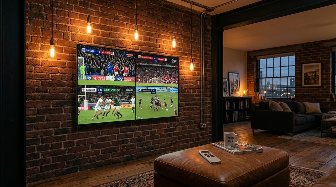 London brick loft living room with 65-inch TV displaying a 4-screen multiview live sports grid using a premium IPTV player application