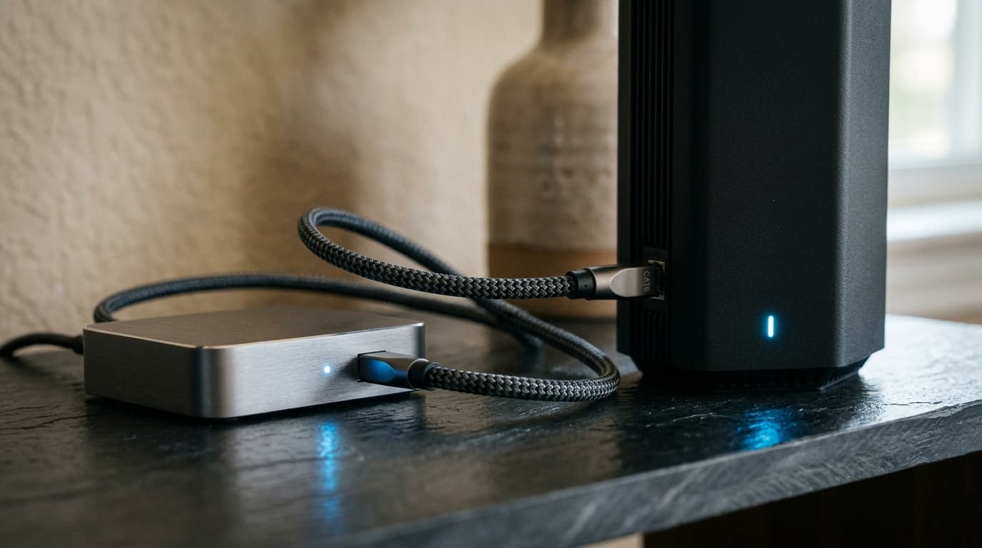 High-speed mesh Wi-Fi and direct Ethernet connection hardware setup for zero-buffering 4K live streaming