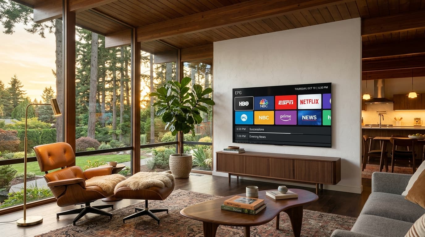Mid-century modern American living room with an OLED television displaying a live US television program guide in warm sunset lighting