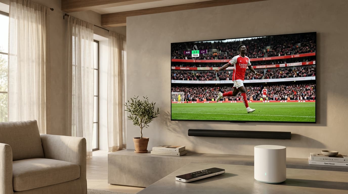 Sleek wall mounted OLED television displaying a live 4K football broadcast above a concrete media console with a Wi-Fi 6 mesh router