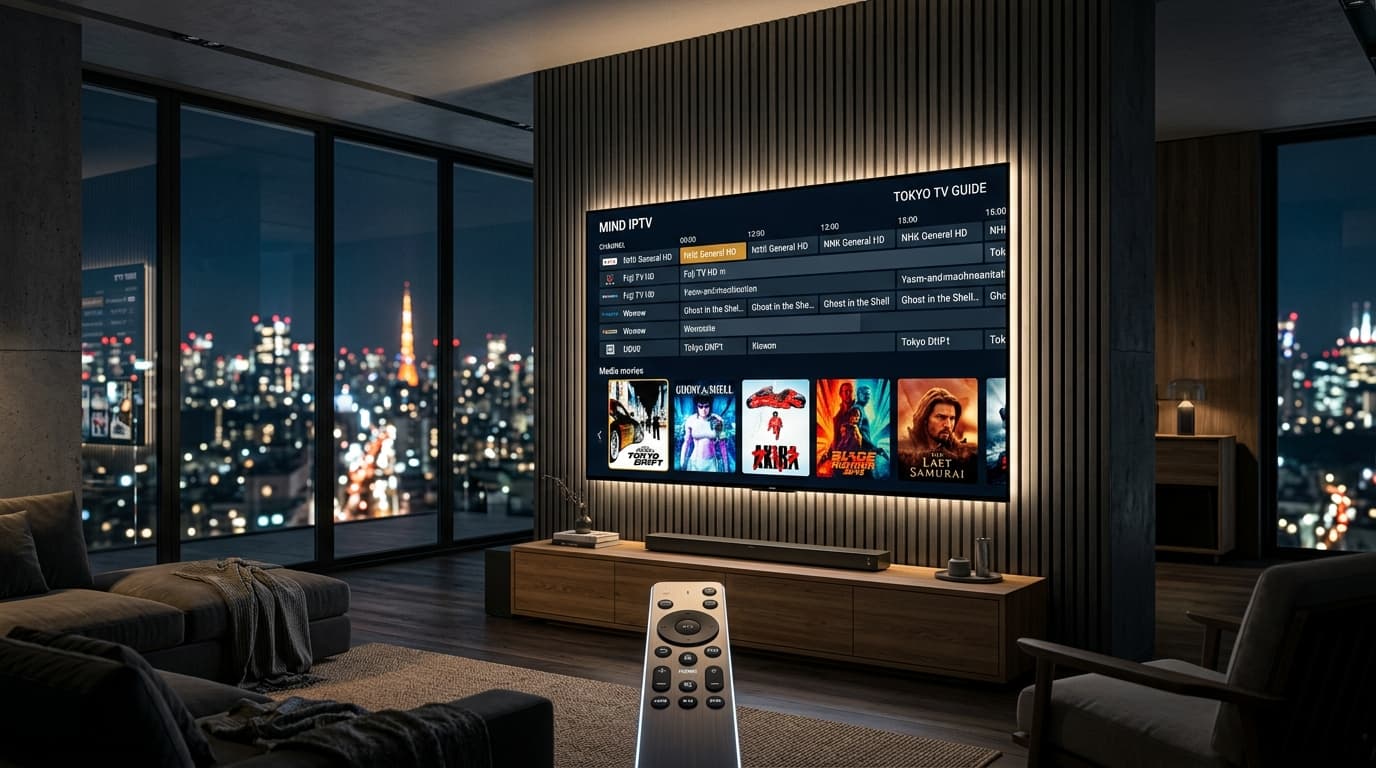 Ultra-modern minimalist penthouse living room with 83-inch QD-OLED TV displaying IPTV player multi-view and EPG interfaces
