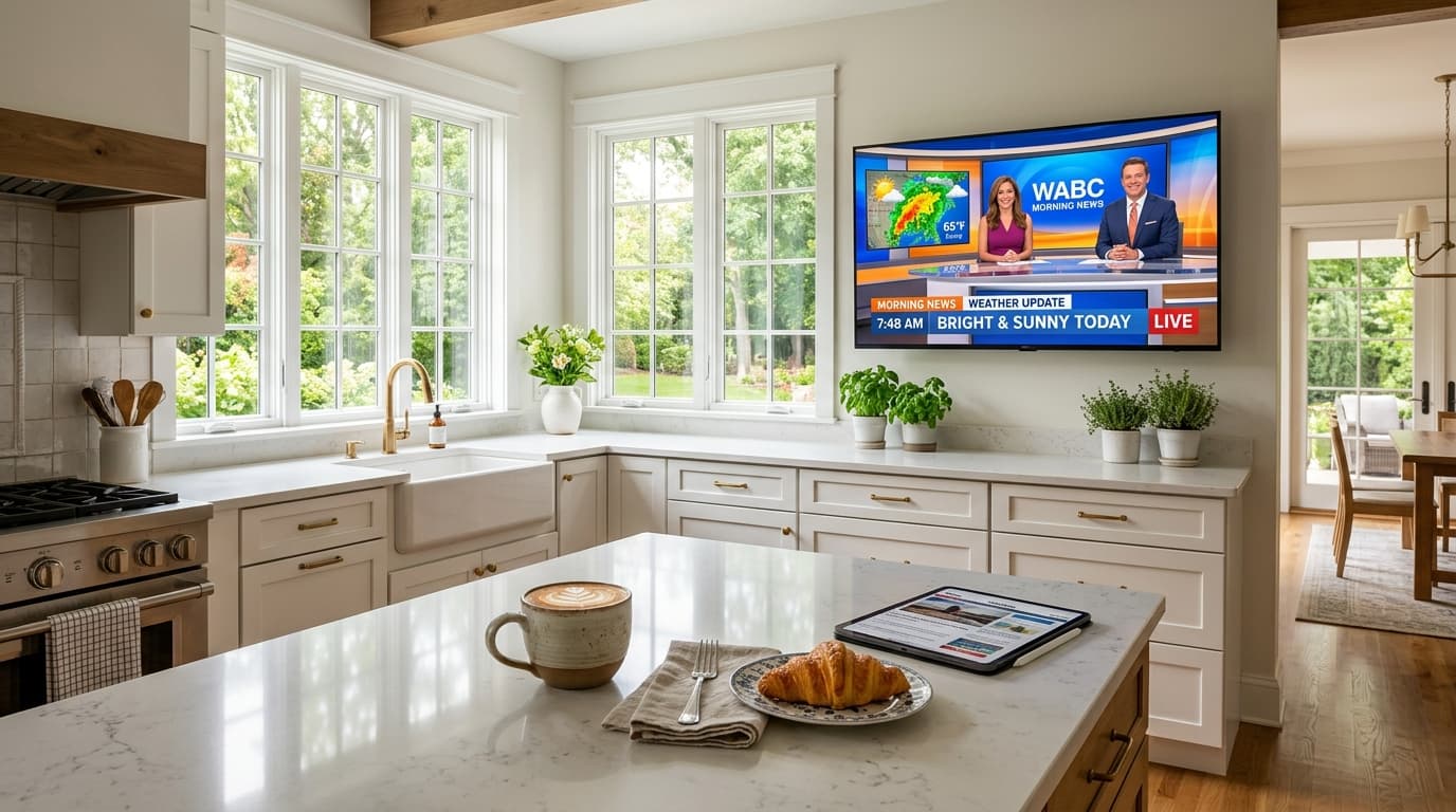 Modern American farmhouse kitchen with a wall-mounted TV streaming a live morning news broadcast above a quartz island