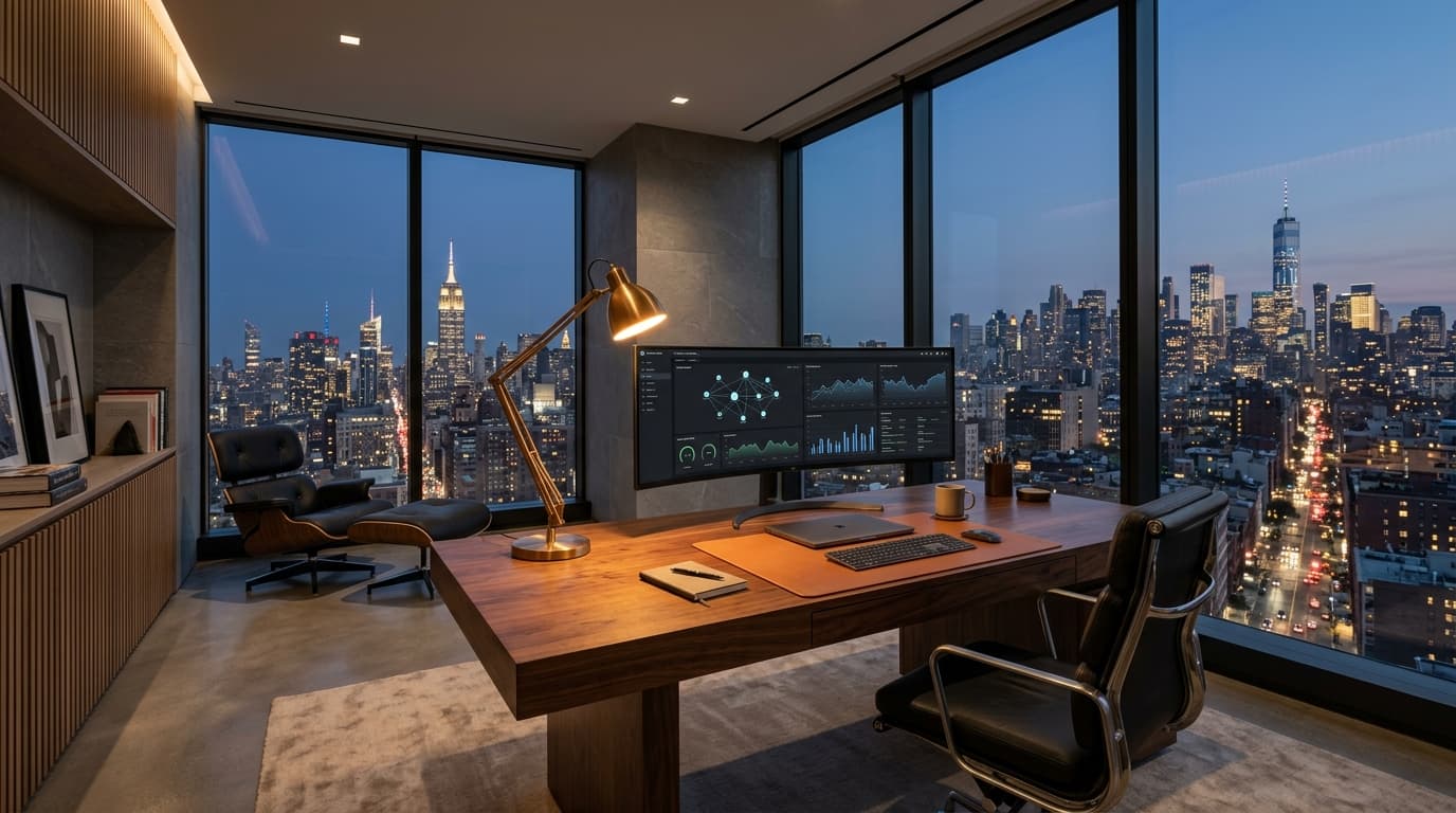 Modern executive workspace featuring cloud server dashboard analytics and reseller panel interface