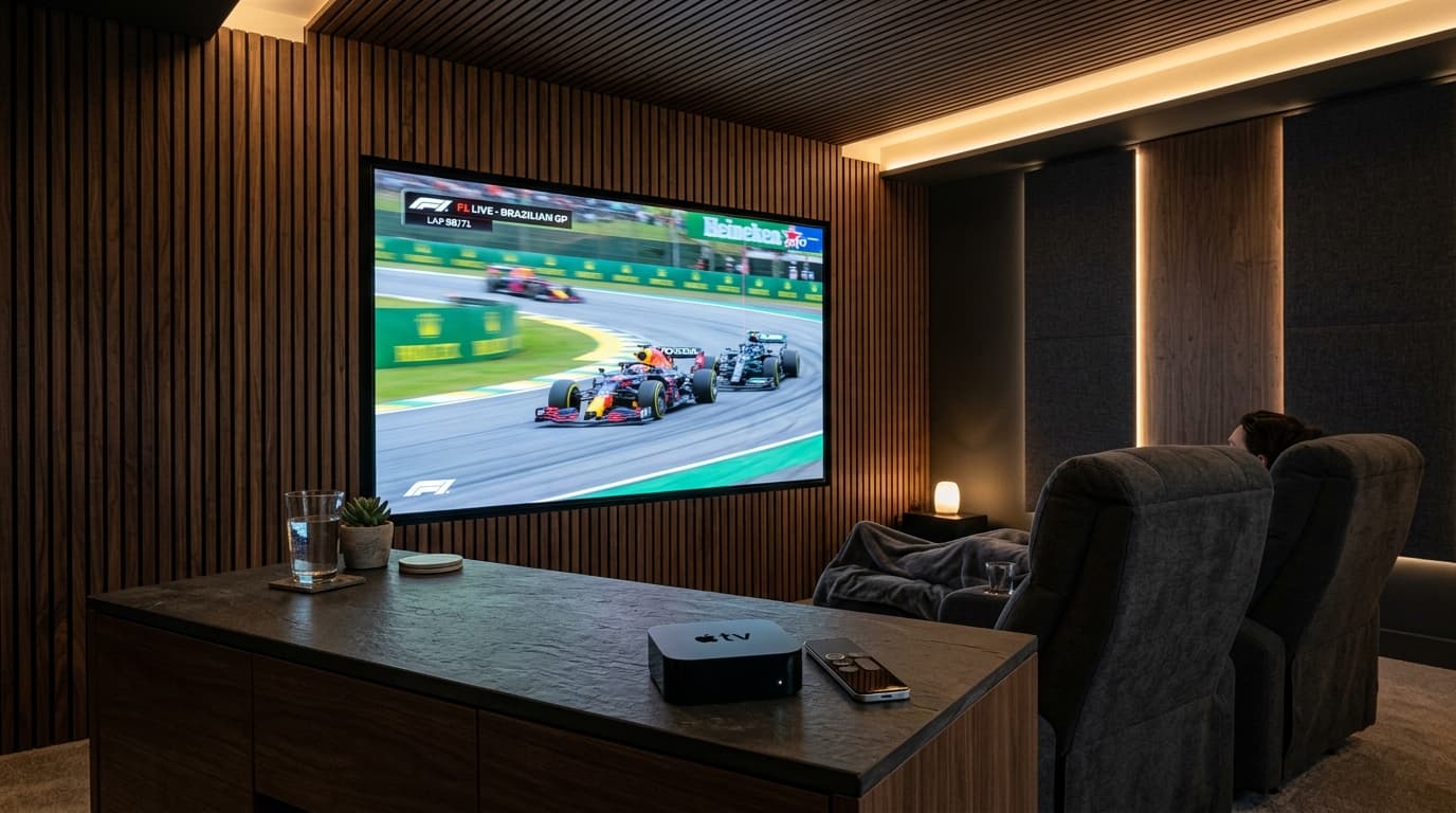 Flush mounted 83 inch OLED television showing a live 4K racing stream in a home theater with walnut acoustic slat wall panels