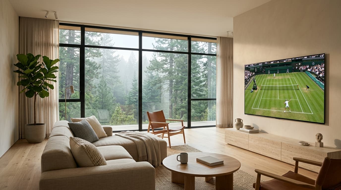 Modern sunlit Scandinavian living room with large OLED TV showing live sports tennis stream