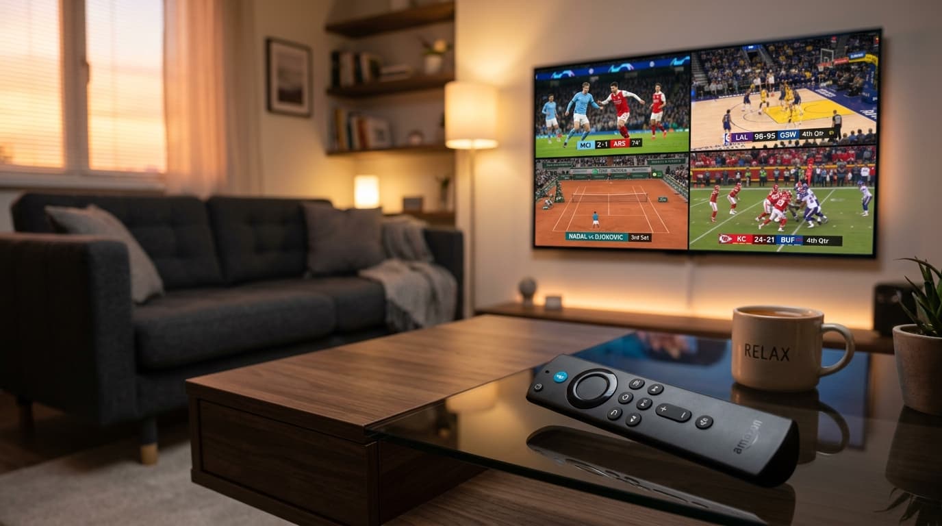 Alexa Voice Remote on a table in front of a smart TV displaying a 4-panel multi-view live sports broadcast using an IPTV player on Firestick